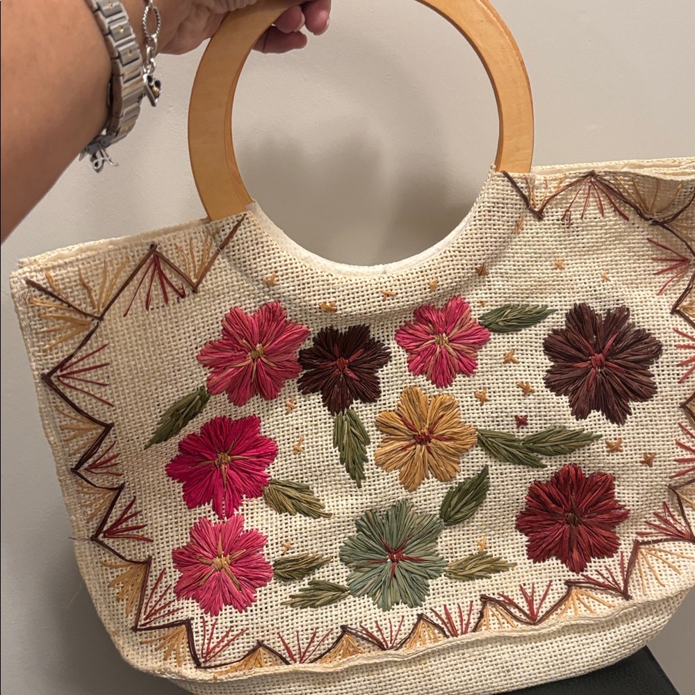 Hand-Embroidered Straw Tote with Wooden Handles - Cream Floral